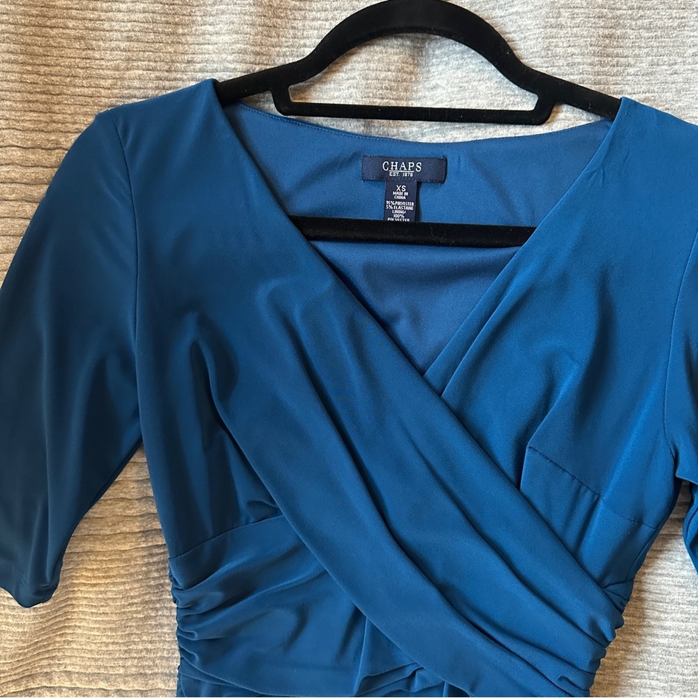 Blue 3/4 Sleeve Midi Faux-Wrap Dress